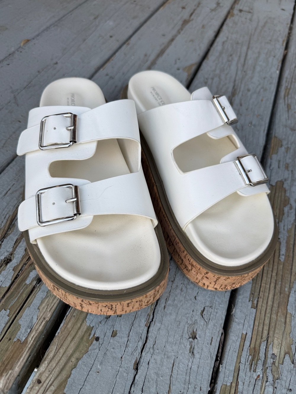 White Double-Buckle Cork Platform Slide Sandals